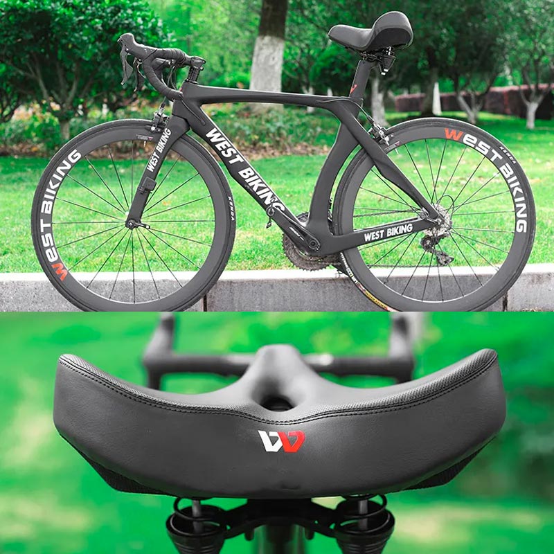 Extra wide cushioned bicycle seat with ergonomic design, shock-absorbing springs, breathable material, and universal fit.