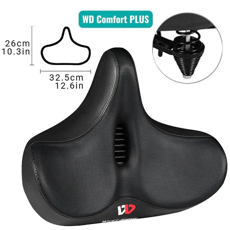 Extra wide cushioned bicycle seat with ergonomic design, shock-absorbing springs, breathable material, and universal fit.