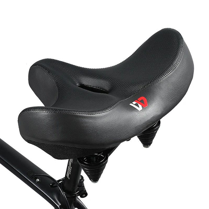 Extra wide cushioned bicycle seat with ergonomic design, shock-absorbing springs, breathable material, and universal fit.