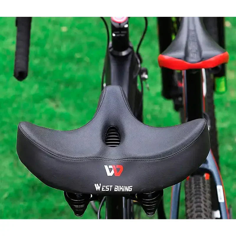 Extra wide cushioned bicycle seat with ergonomic design, shock-absorbing springs, breathable material, and universal fit.