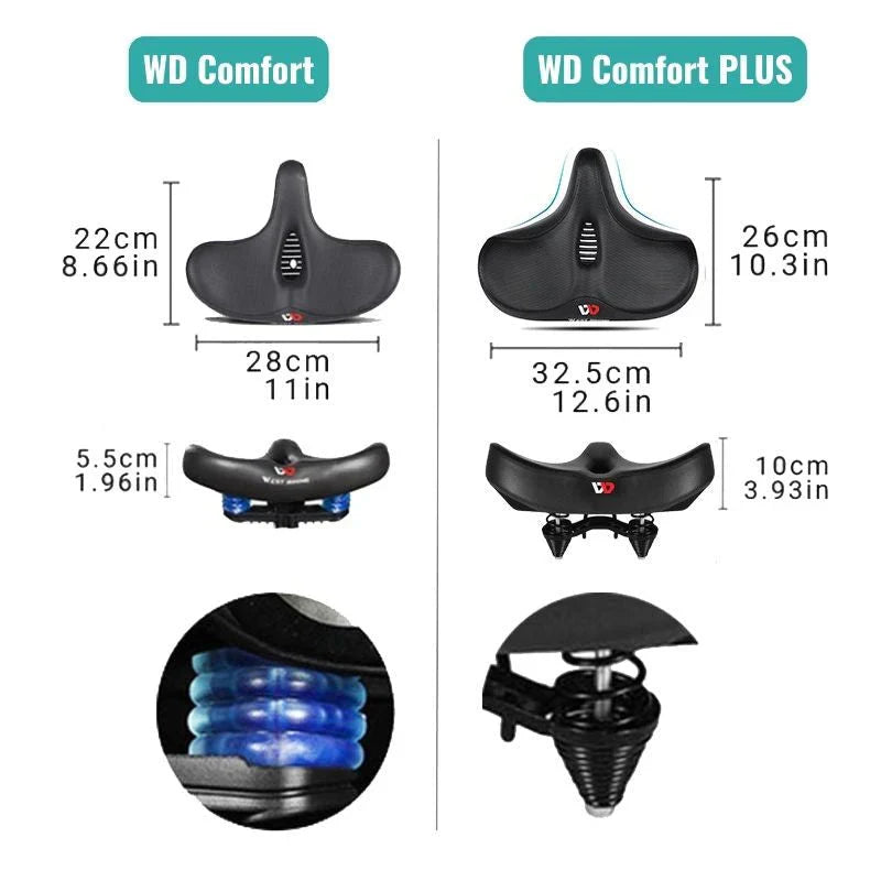 Extra wide cushioned bicycle seat with ergonomic design, shock-absorbing springs, breathable material, and universal fit.