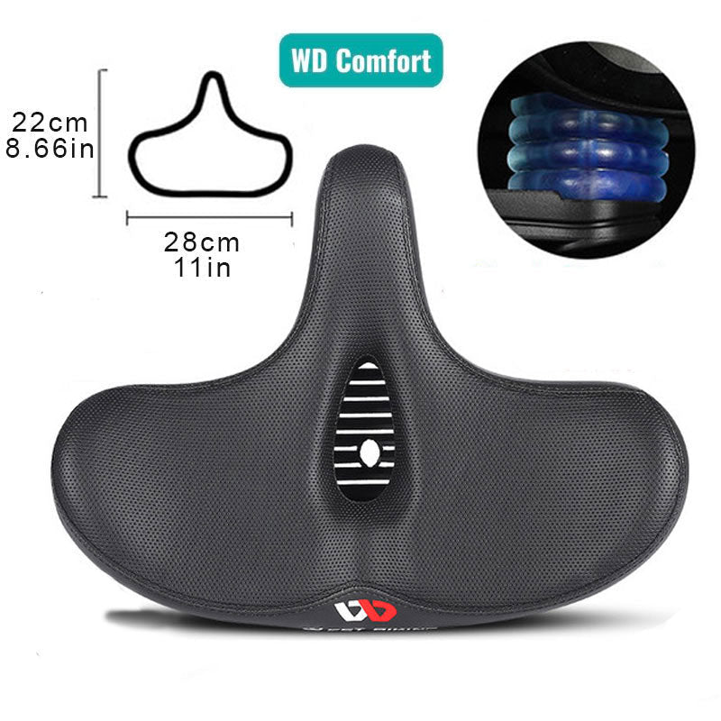 Extra wide cushioned bicycle seat with ergonomic design, shock-absorbing springs, breathable material, and universal fit.