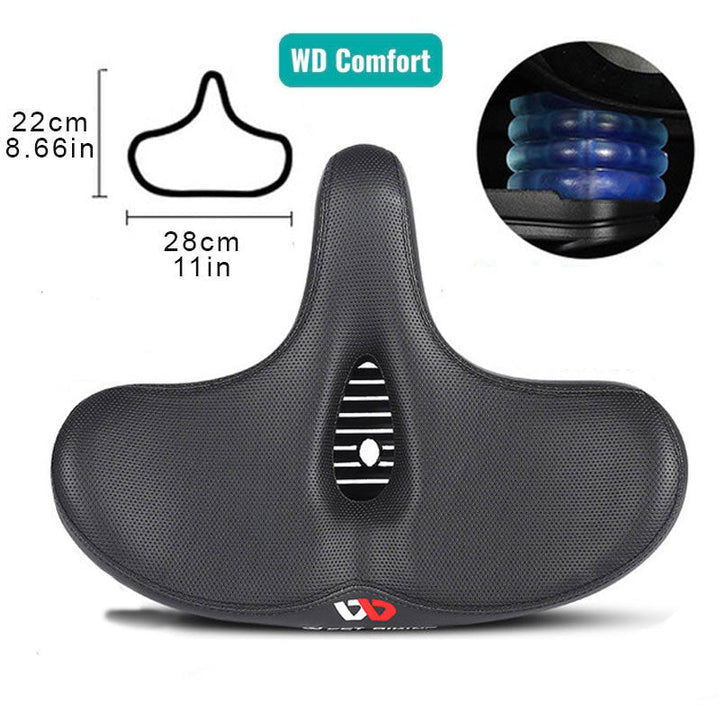 Extra wide cushioned bicycle seat with ergonomic design, shock-absorbing springs, breathable material, and universal fit.