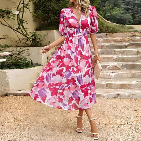 Elegant Midi Dress: V-Neck, Puff Sleeves, Flowing Skirt