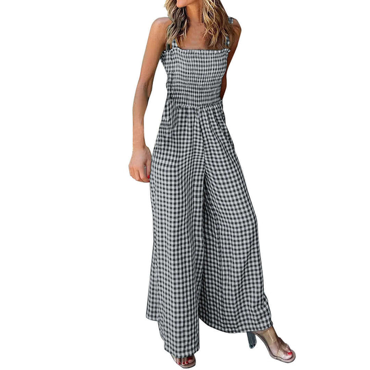Women's Wide Leg Gingham Jumpsuit with Smocked Top