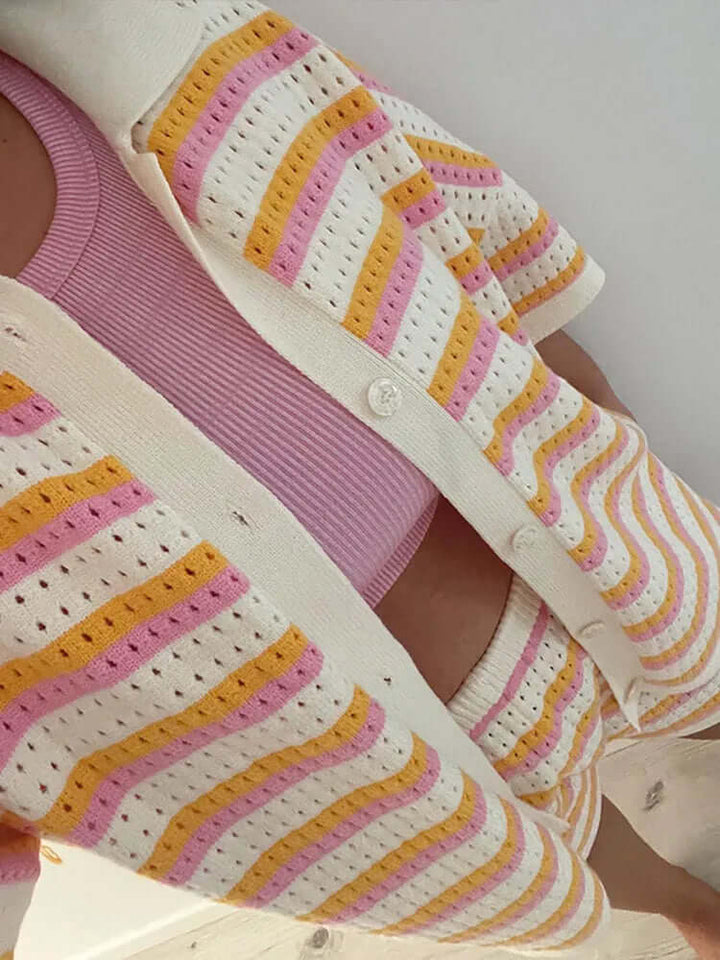 Women's Summer Knit Two-Piece Set: Striped Revere Collar Top & Shorts
