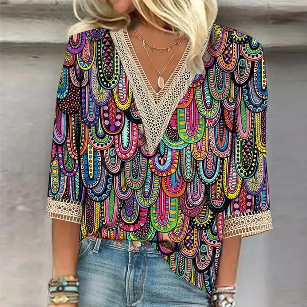 Women's Printed V-Neck Blouse: Loose Fit, Stylish Top