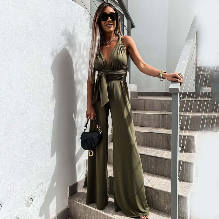 Women's Wide Leg Jumpsuit: Sleeveless V-Neck, Belted Waist