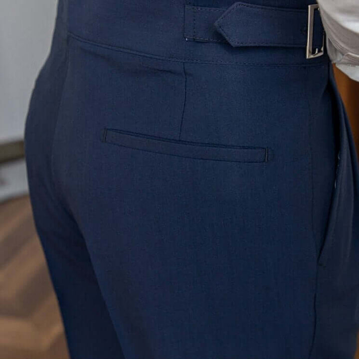 Men's High-Waisted Tailored Trousers: Pleated Front, Adjustable Buckle