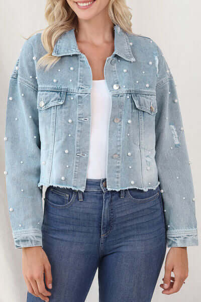 Women's Raw Hem Denim Jacket with Pearl Trim