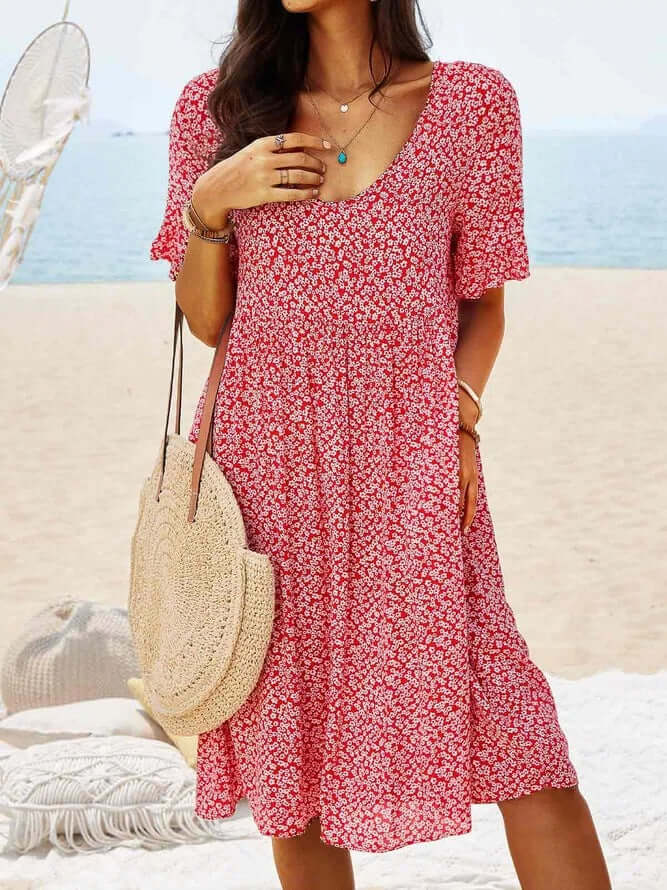 Women's Floral Midi Summer Dress, V-Neck Short Sleeve Relaxed Fit