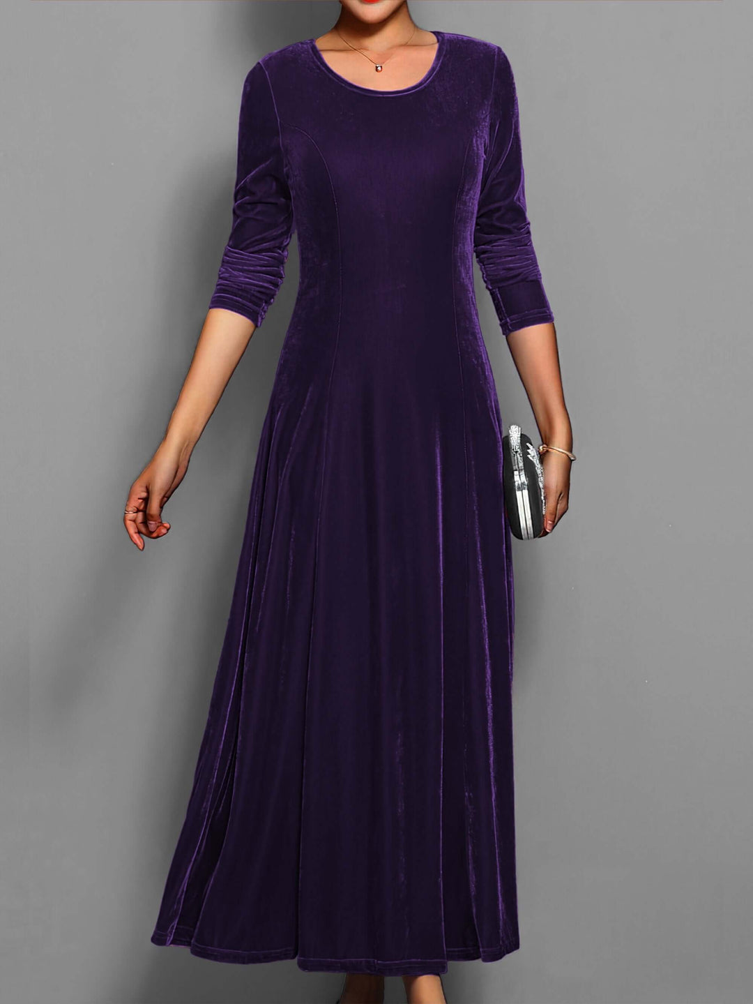 Elegant Midi Dress: Long Sleeve, Crew Neck, Velvet