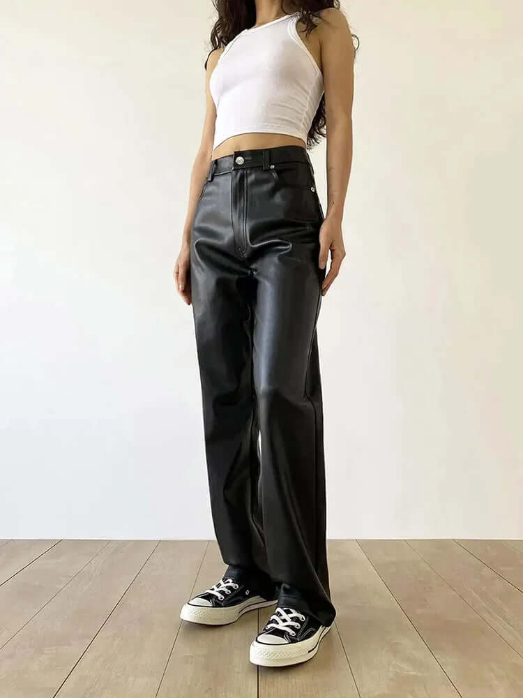 Women's High Waist Straight Leg Leather Pants