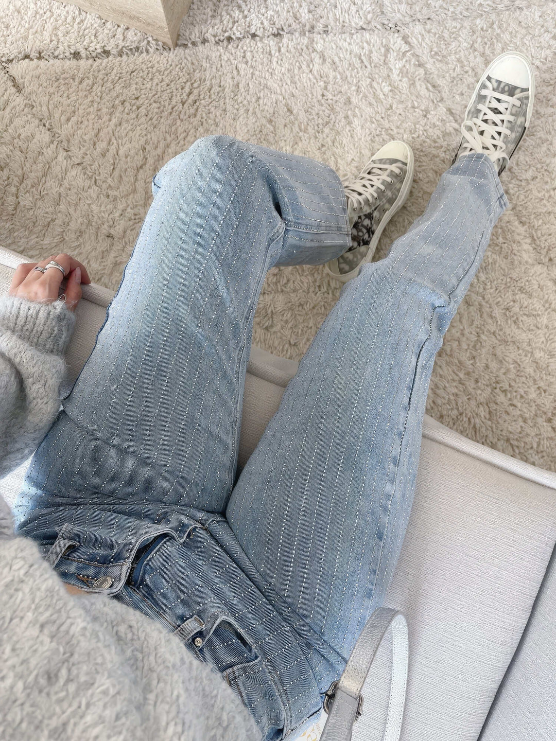 Women's Straight Leg Jeans with Embellished Stripe
