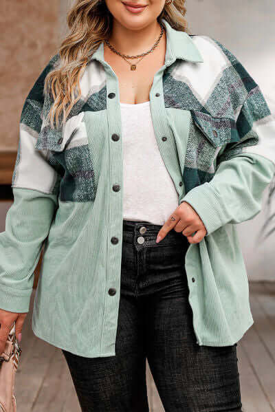 Plus Size Plaid Jacket: Women's Autumn/Winter Button-Front Pocket Jacket