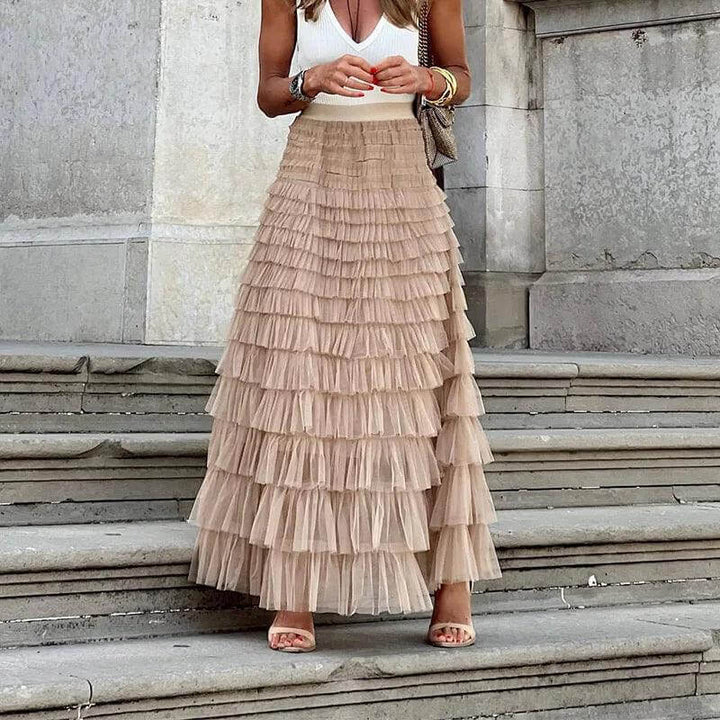 Elegant Pleated Mesh Midi Skirt: Women's Ruffle Detail Skirt