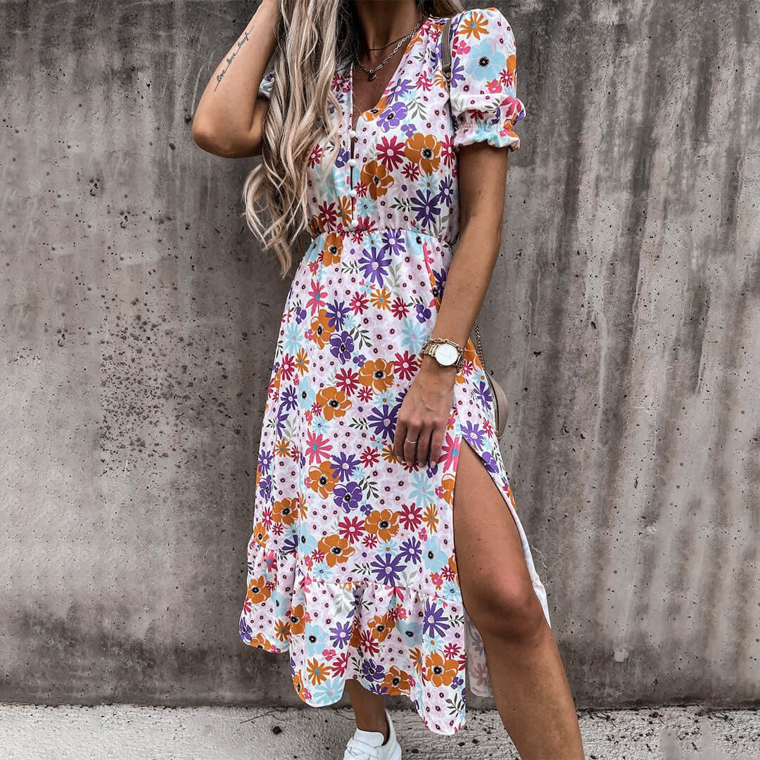 Floral Midi Dress: V-Neck, Puff Sleeves, Cinched Waist