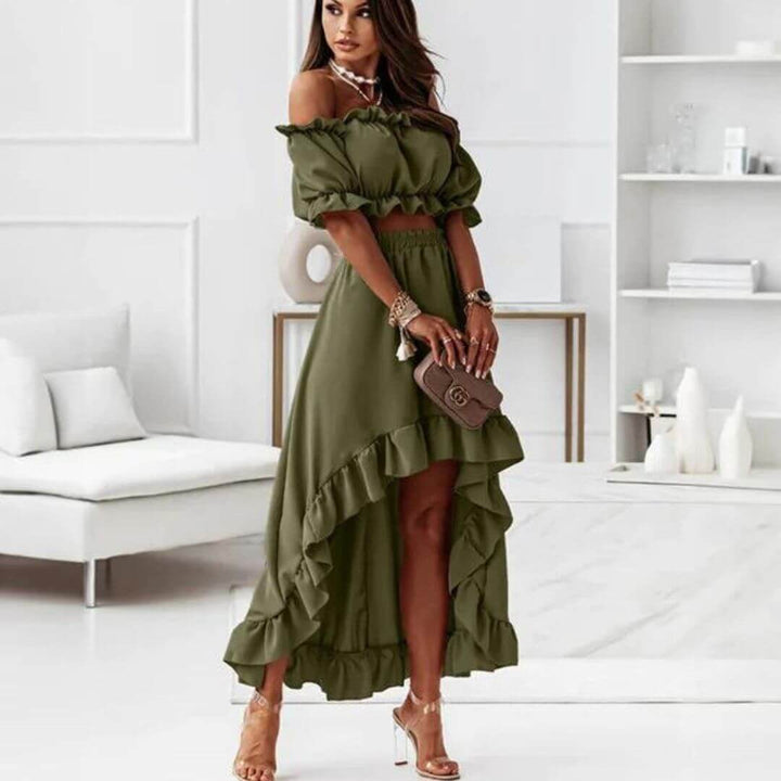 Women's Off-Shoulder Frill Trim Crop Top & Ruffle High-Low Skirt