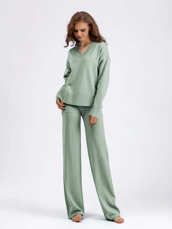 Women's V-Neck Sweater & Wide Leg Trousers Set