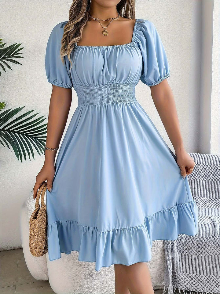 Women's Puff Sleeve Midi Dress with Smocked Bodice
