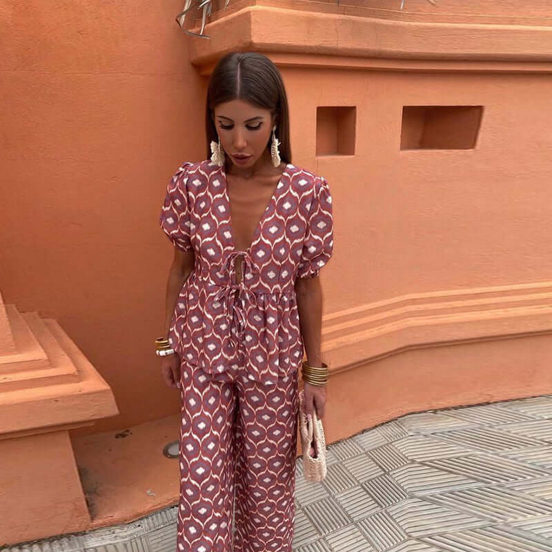 Women's Boho Chic Two-Piece Set: Puff Sleeve Top & Wide Leg Pants