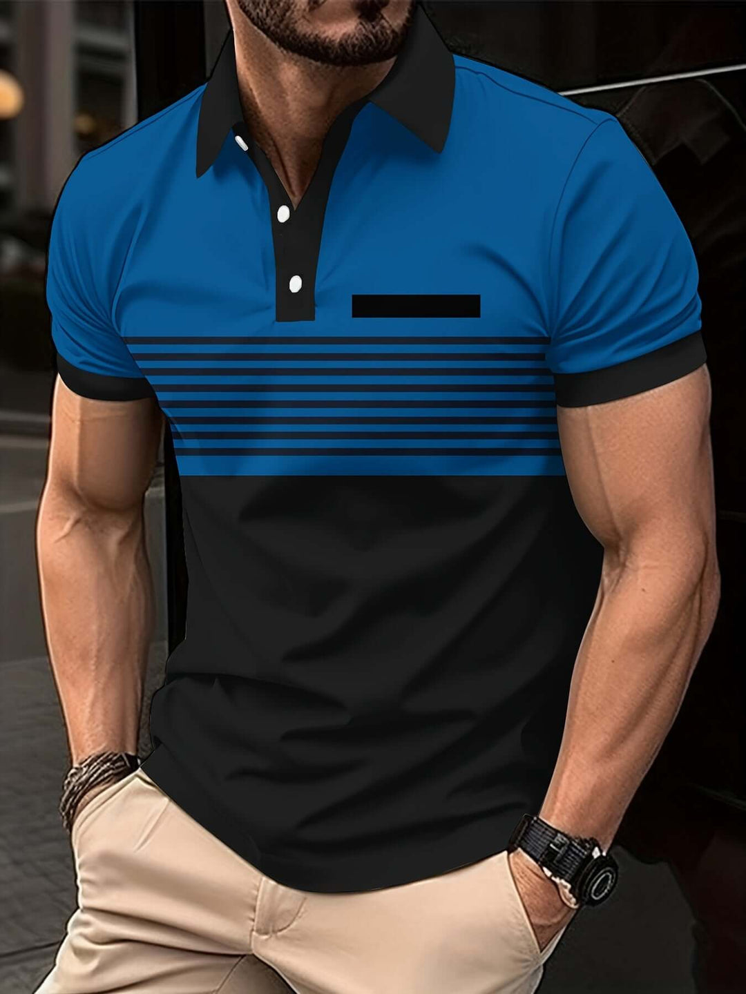 Men's Slim Fit Short Sleeve Polo Shirt with Striped Chest