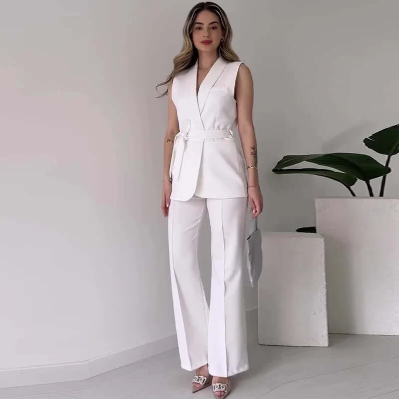 Women's Sleeveless Blazer Suit: Tailored Fit, V-Neck, High-Waisted Trousers
