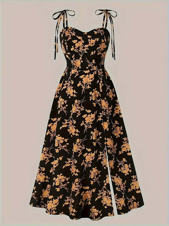 Women's Floral Print Midi Summer Dress with Tie Straps