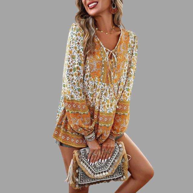 Women's Bohemian Long Sleeve V-Neck Blouse