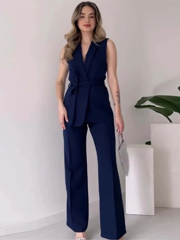 Women's Sleeveless Blazer Suit: Tailored Fit, V-Neck, High-Waisted Trousers
