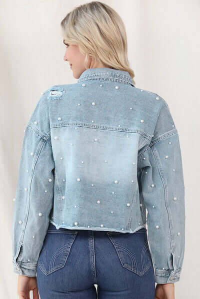 Women's Raw Hem Denim Jacket with Pearl Trim