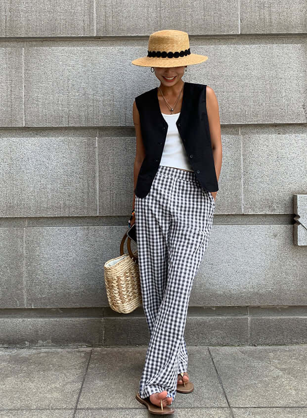 Women's Wide-Leg Gingham Trousers: Relaxed Fit, Breathable Cotton