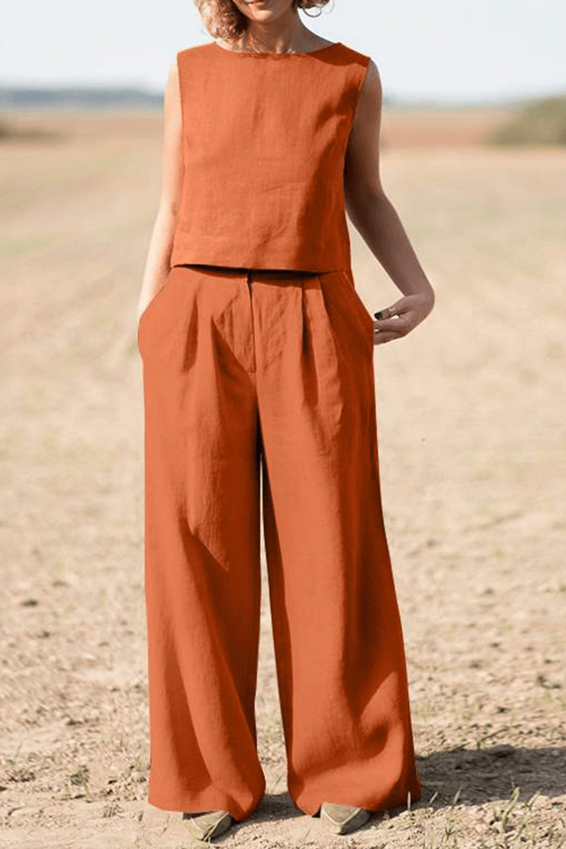 Women's Casual Loose Round Neck Top & Wide Leg Pants Set