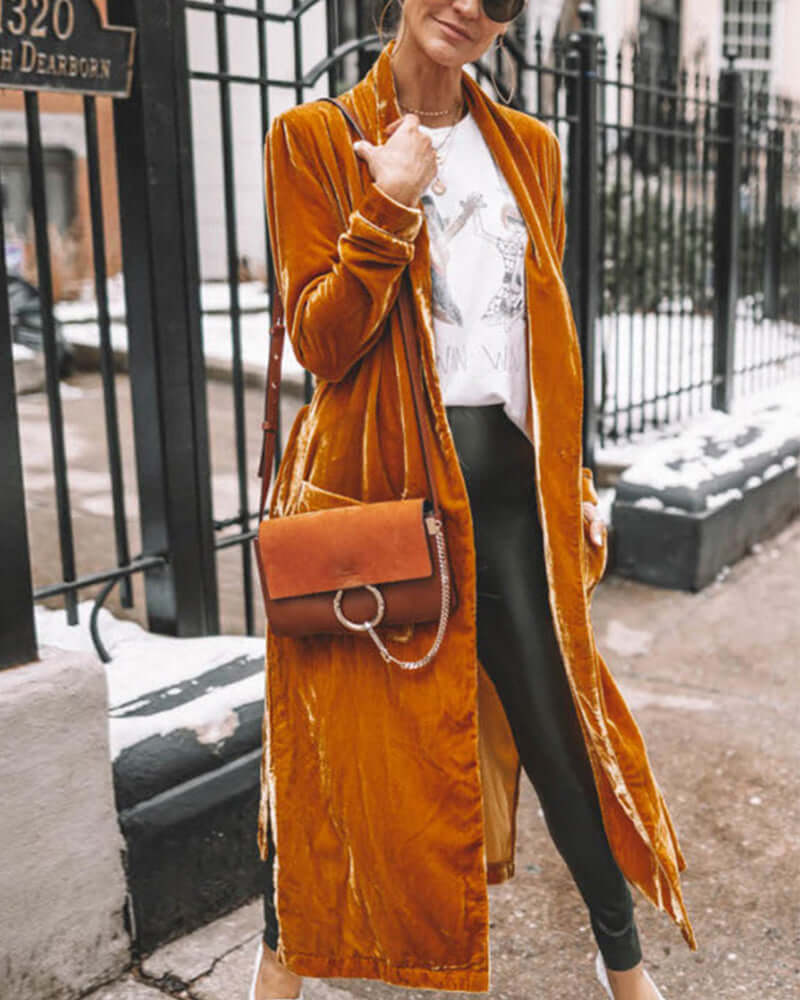 Women's Long Velvet Duster Cardigan - Relaxed Fit, Open Front