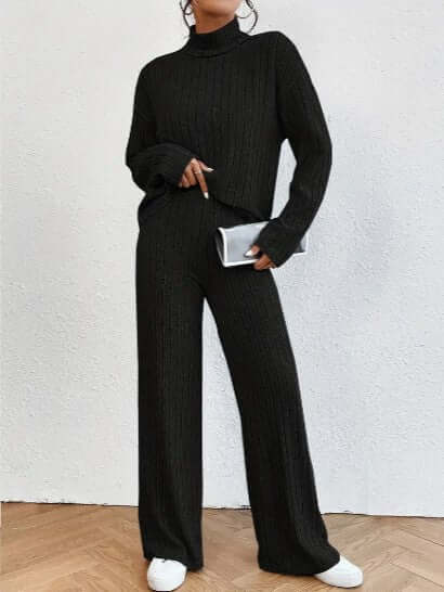 Women's Ribbed Turtleneck & Wide Leg Pant Set