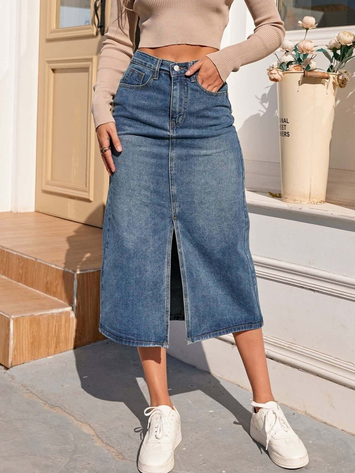 Women's High Waist Denim Midi Skirt with Front Slit