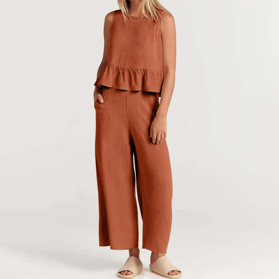 Women's Summer Sleeveless Jumpsuit: Peplum Waist, Wide Leg
