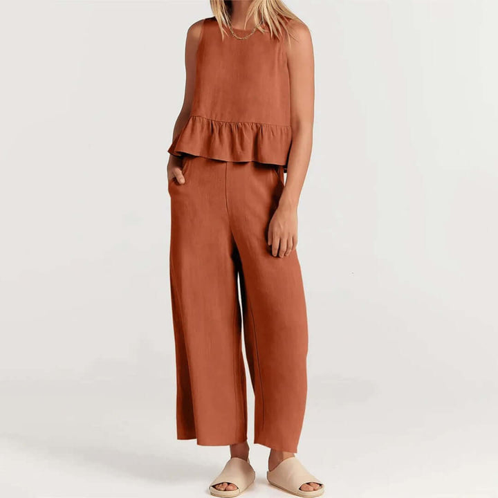 Women's Summer Sleeveless Jumpsuit: Peplum Waist, Wide Leg
