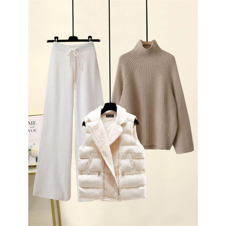 Women's Cotton 3-Piece Set: Cardigan, Turtleneck, High-Waisted Pants