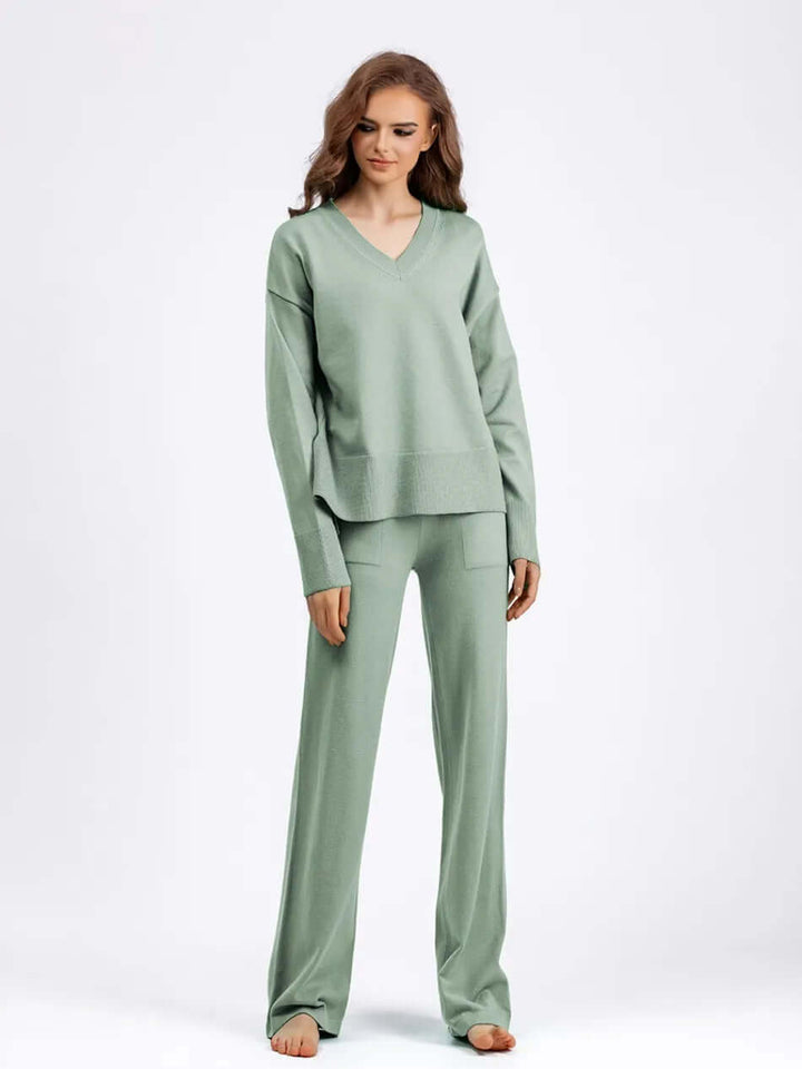Women's V-Neck Sweater & Wide Leg Trousers Set