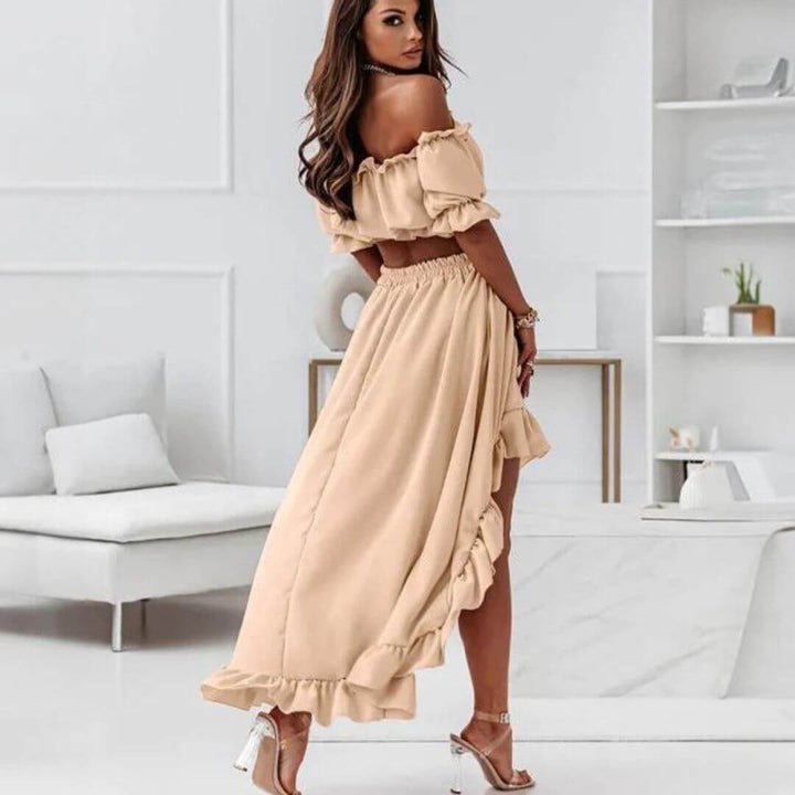 Women's Off-Shoulder Frill Trim Crop Top & Ruffle High-Low Skirt