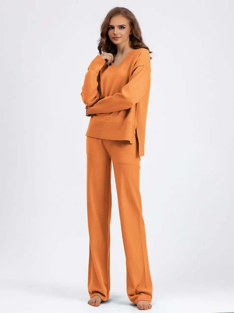 Women's V-Neck Sweater & Wide Leg Trousers Set