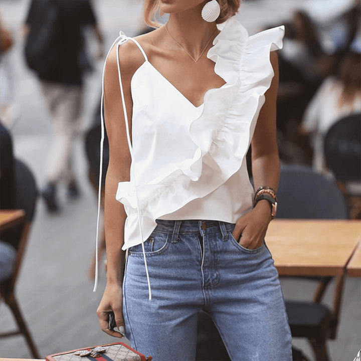 Women's Elegant V-Neck Sleeveless Ruffle Top