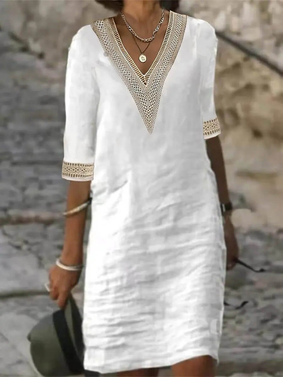 Women's Summer Dress: Relaxed Fit, V-Neck, 3/4 Sleeve