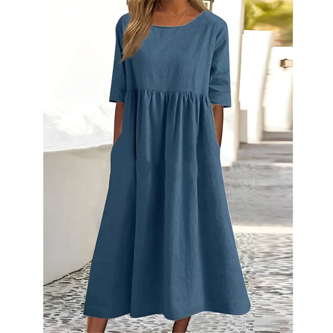 Women's Pleated Cotton Linen Midi Dress