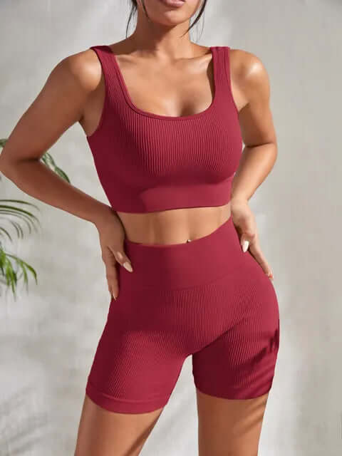 Women's Ribbed Yoga Set: Sleeveless Top & Shorts