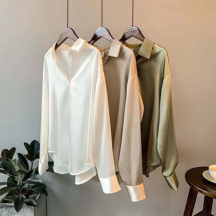 Women's Satin Long-Sleeve Blouse: Relaxed Fit, Button-Down