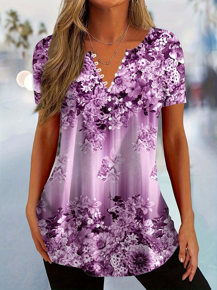 Women's Floral V-Neck Blouse, Relaxed Fit, Short Sleeves