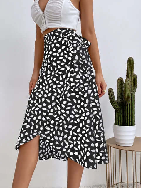 Women's Printed Midi Wrap Skirt with Asymmetrical Hem