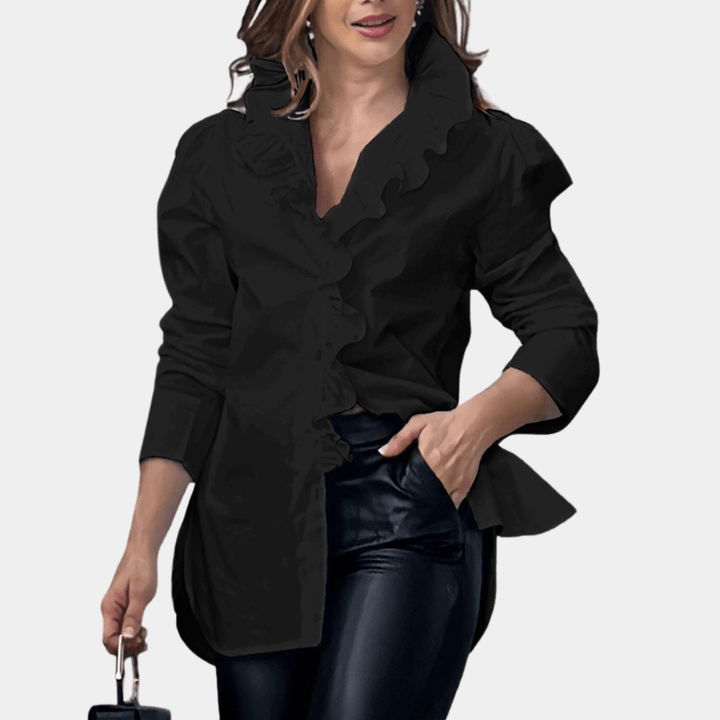 Women's Tailored Blouse: Ruffled Neckline & 3/4 Sleeves